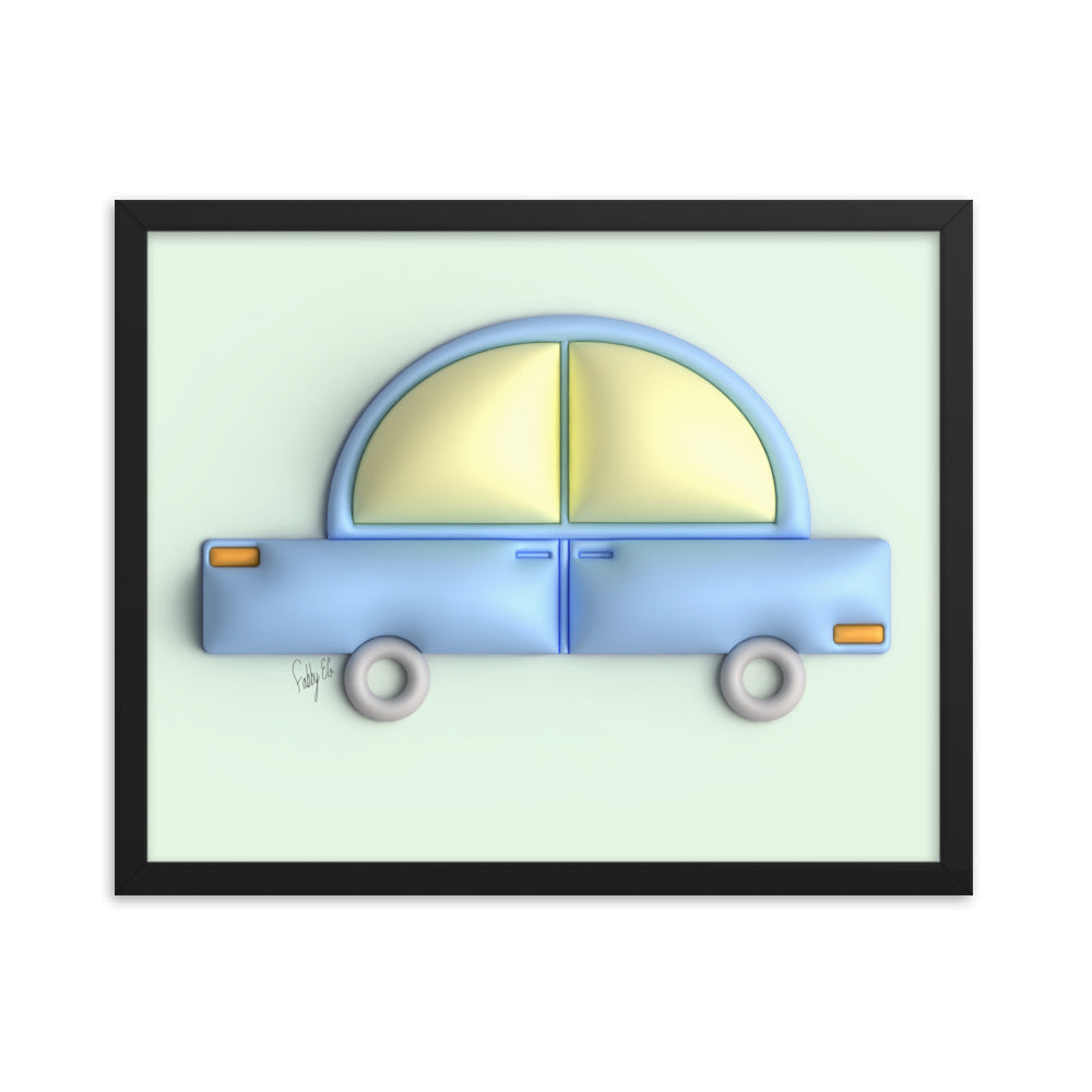 Blue car in green framed poster