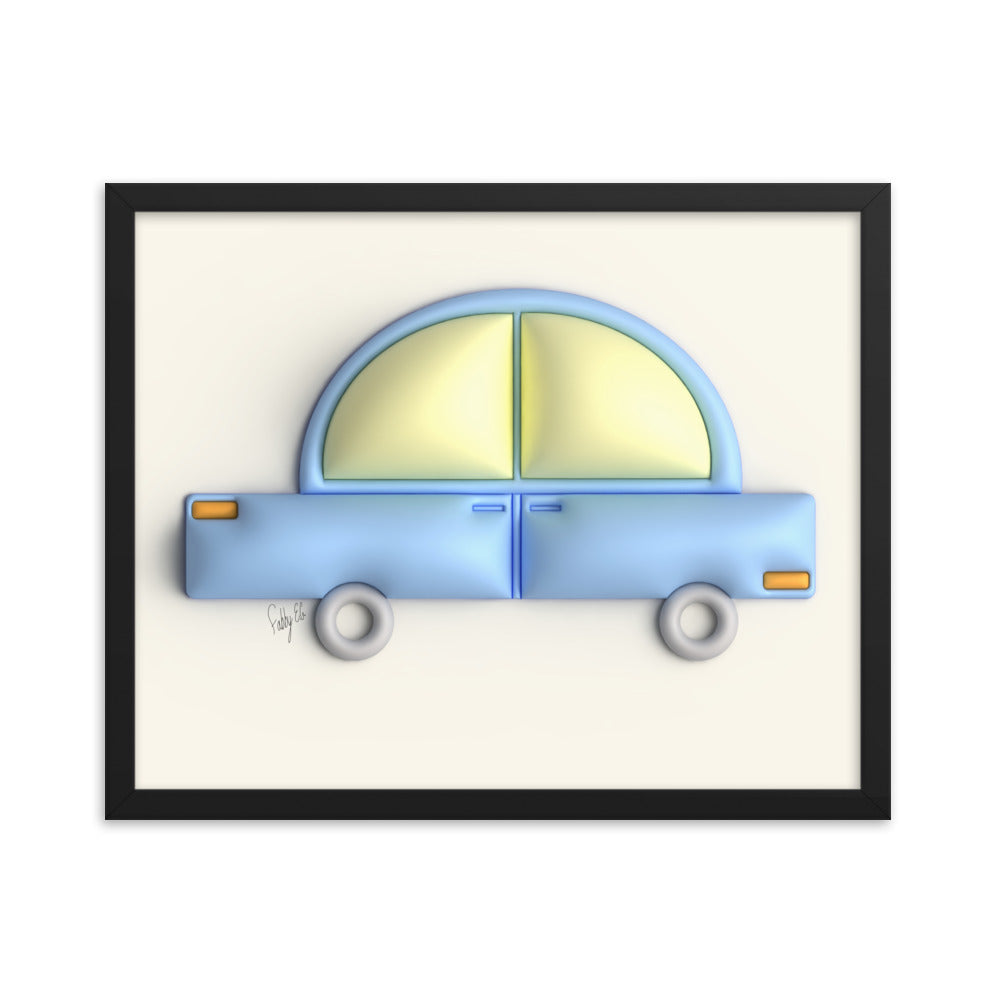 Blue car in yellow framed poster