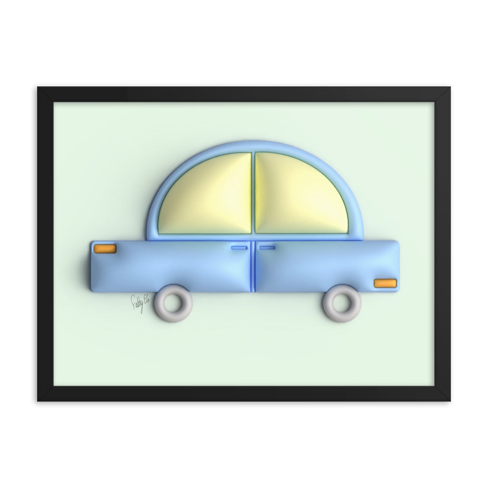 Blue car in green framed poster