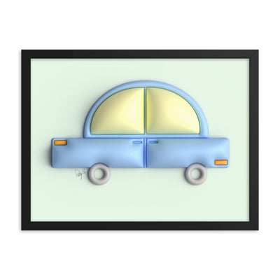 Blue car in green framed poster