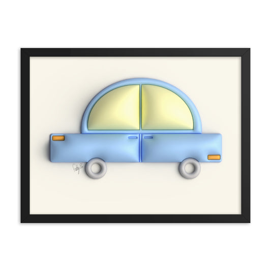 Blue car in yellow framed poster