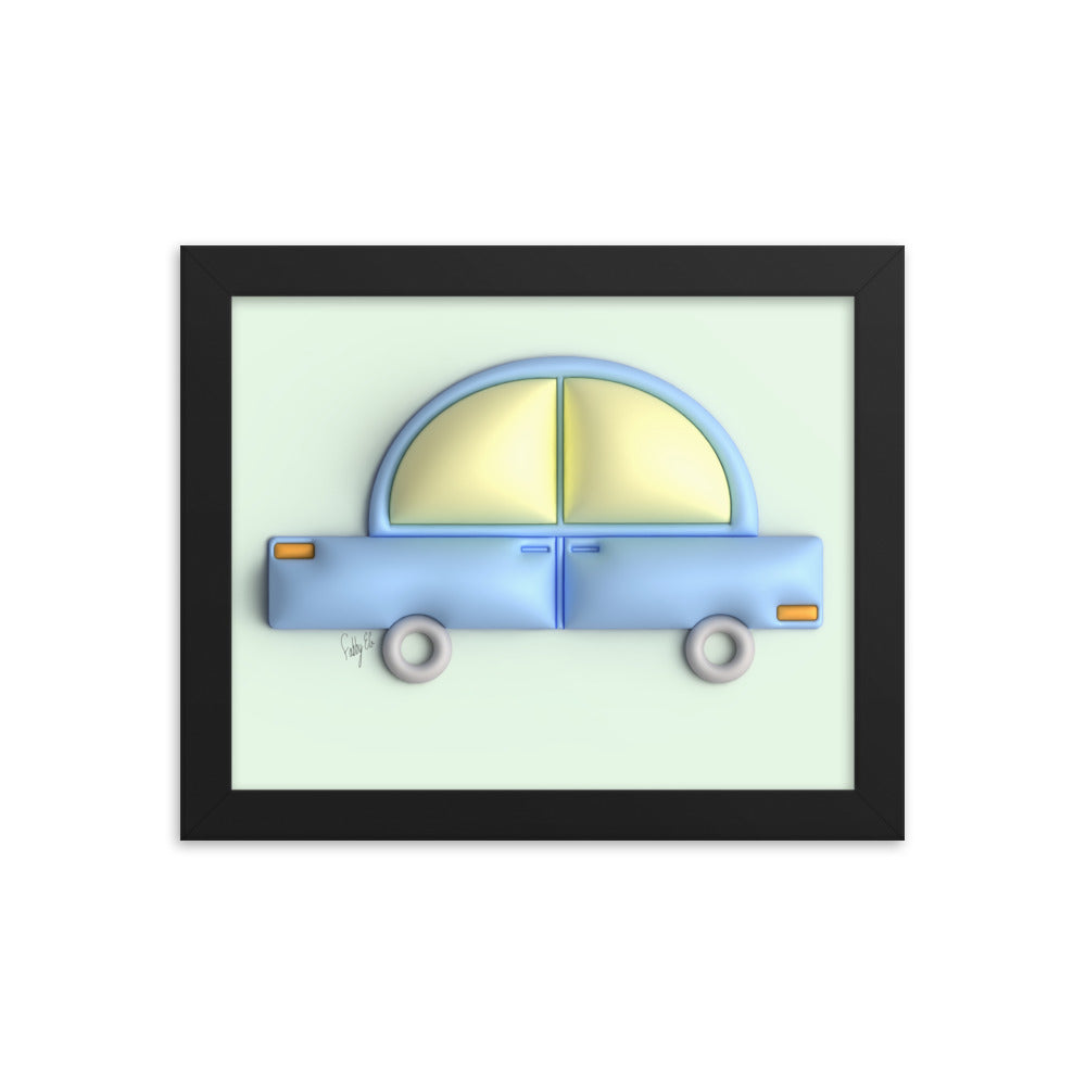 Blue car in green framed poster