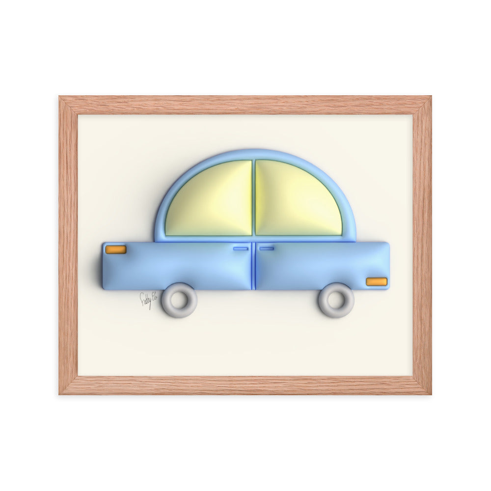 Blue car in yellow framed poster