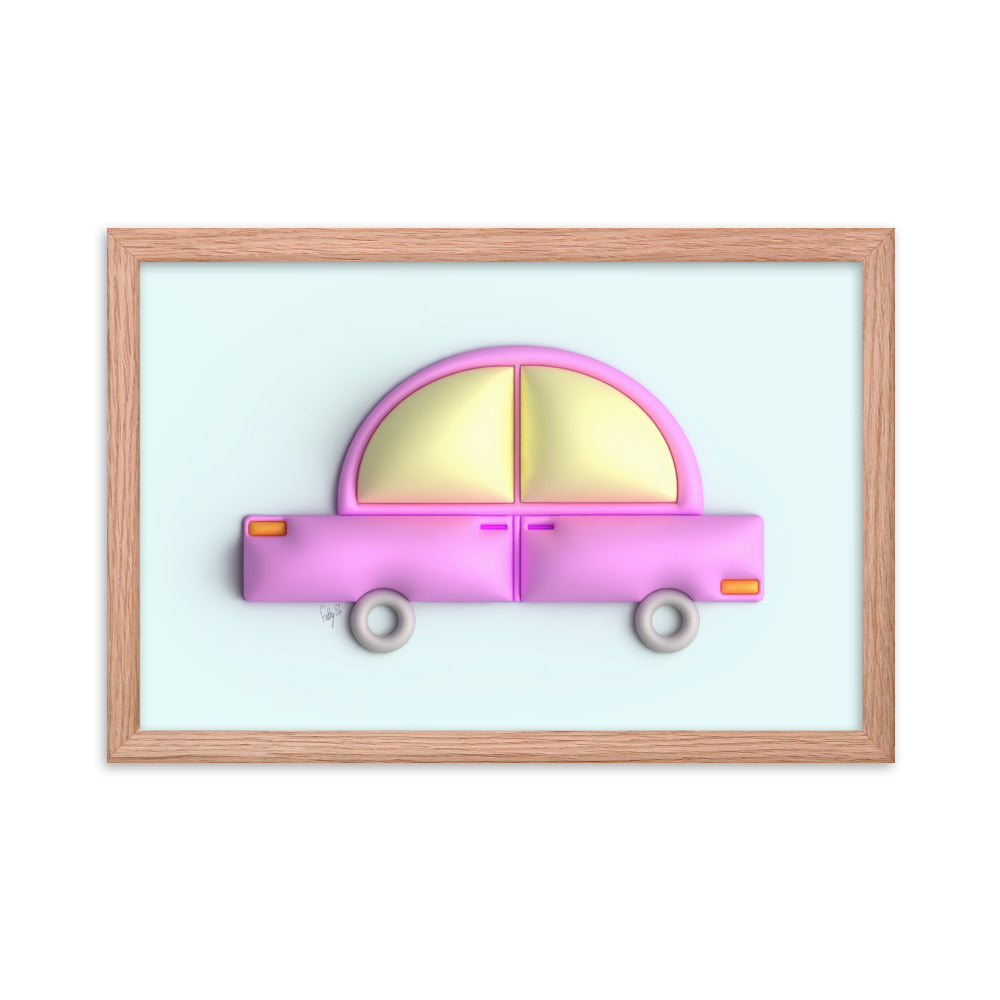 Pink car in blue framed poster