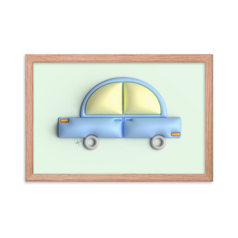 Blue car in green framed poster