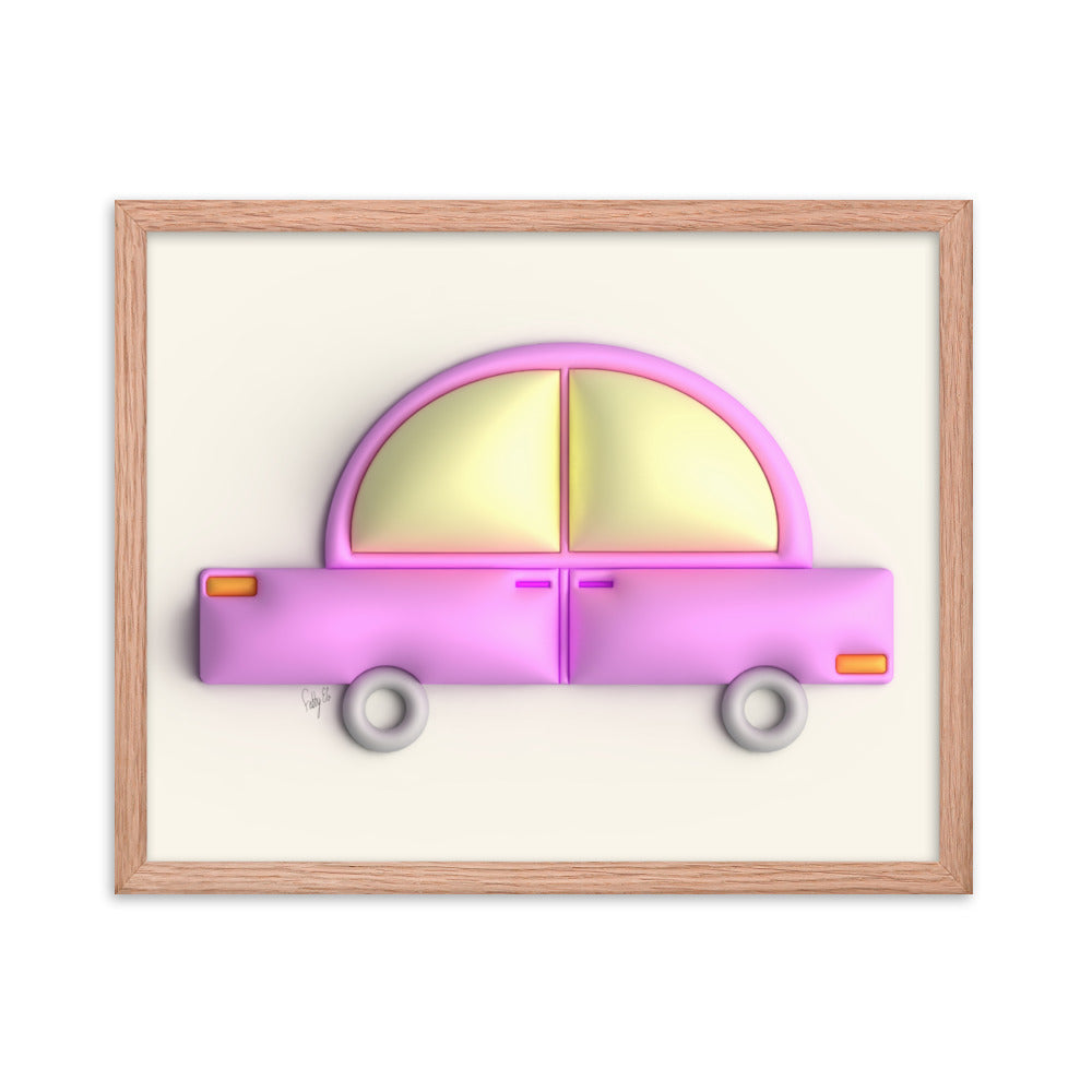 Pink car in yellow framed poster