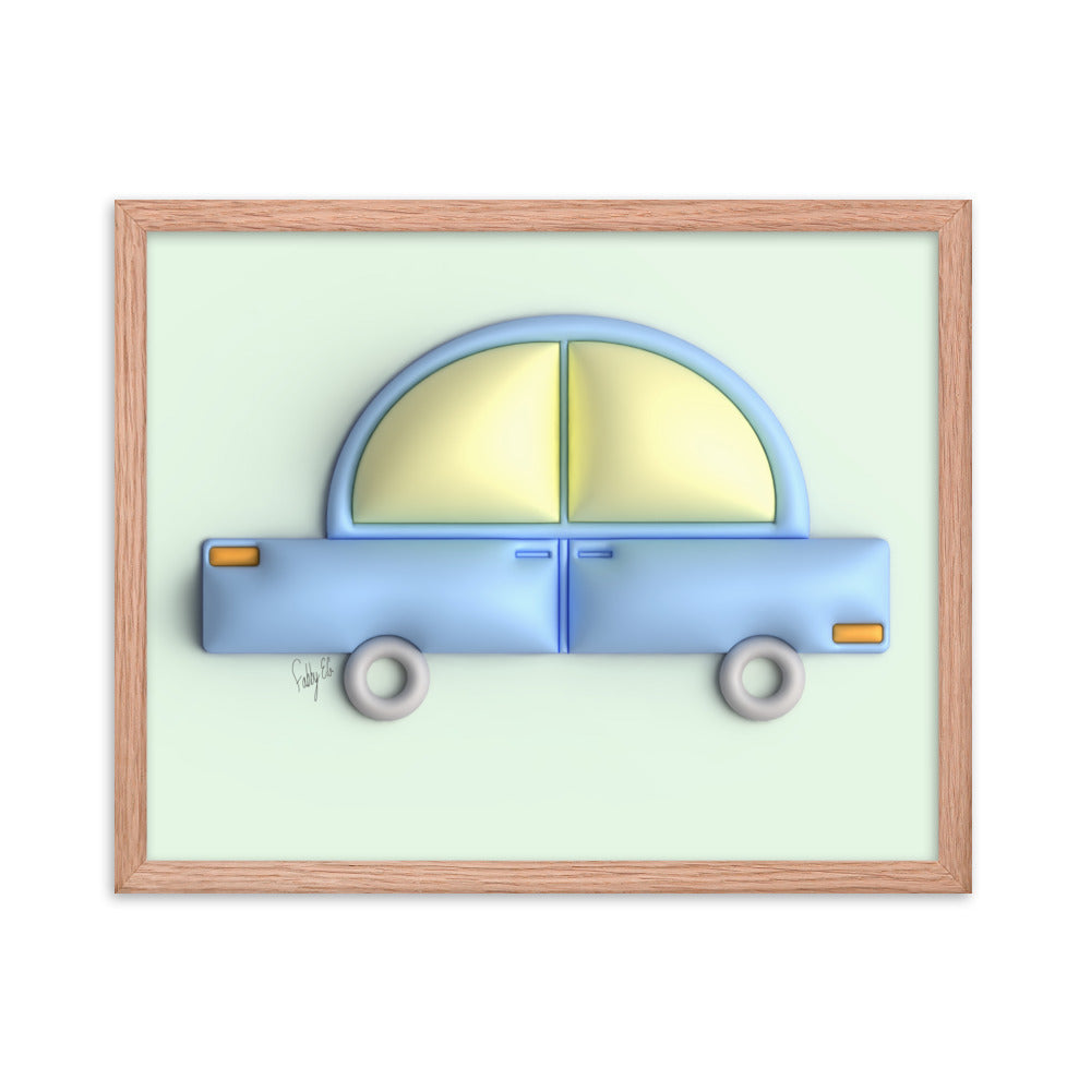 Blue car in green framed poster