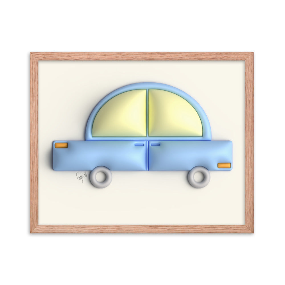 Blue car in yellow framed poster
