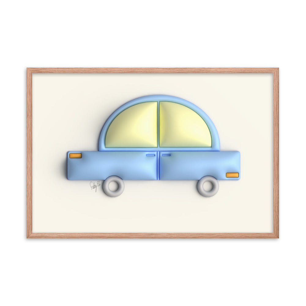 Blue car in yellow framed poster
