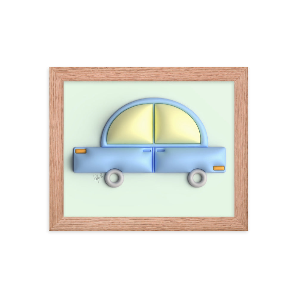Blue car in green framed poster