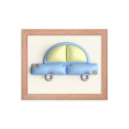 Blue car in yellow framed poster