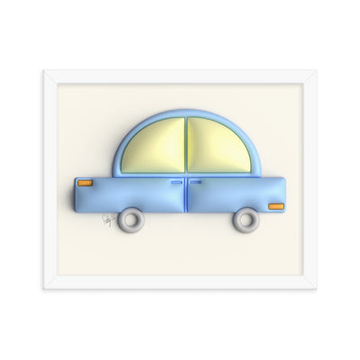Blue car in yellow framed poster
