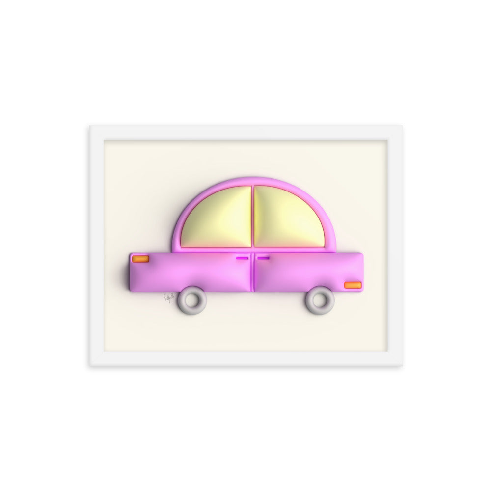 Pink car in yellow framed poster