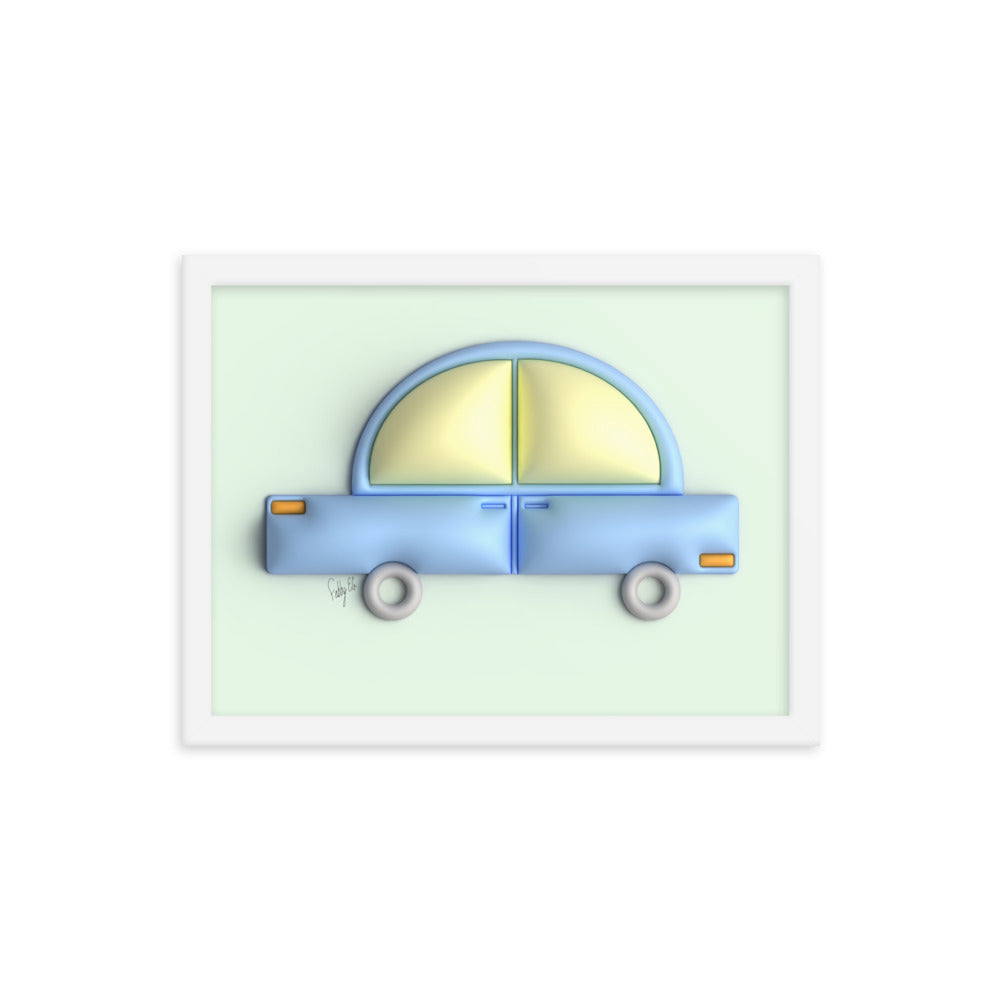 Blue car in green framed poster