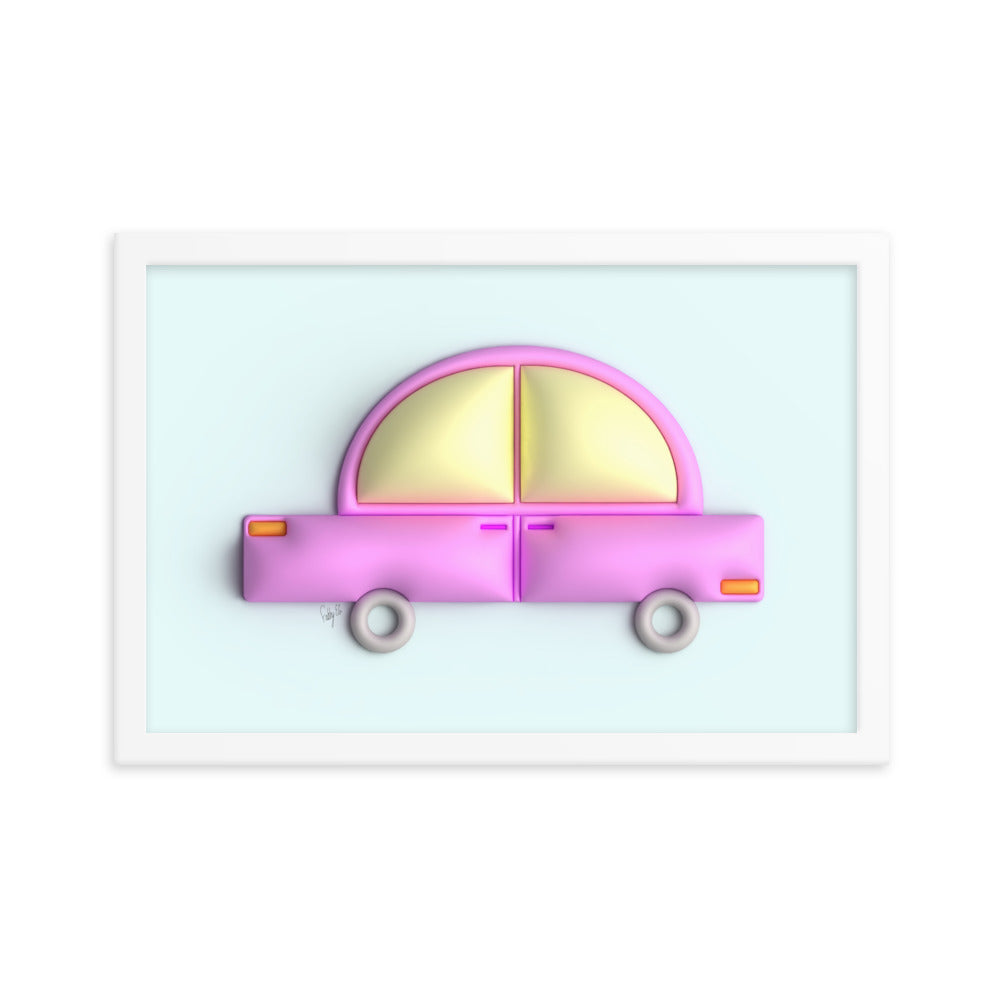 Pink car in blue framed poster