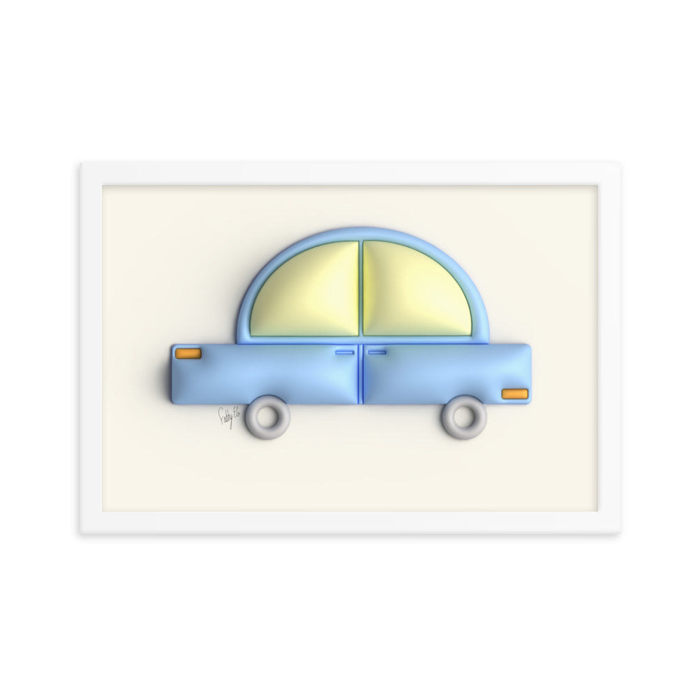 Blue car in yellow framed poster