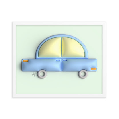 Blue car in green framed poster