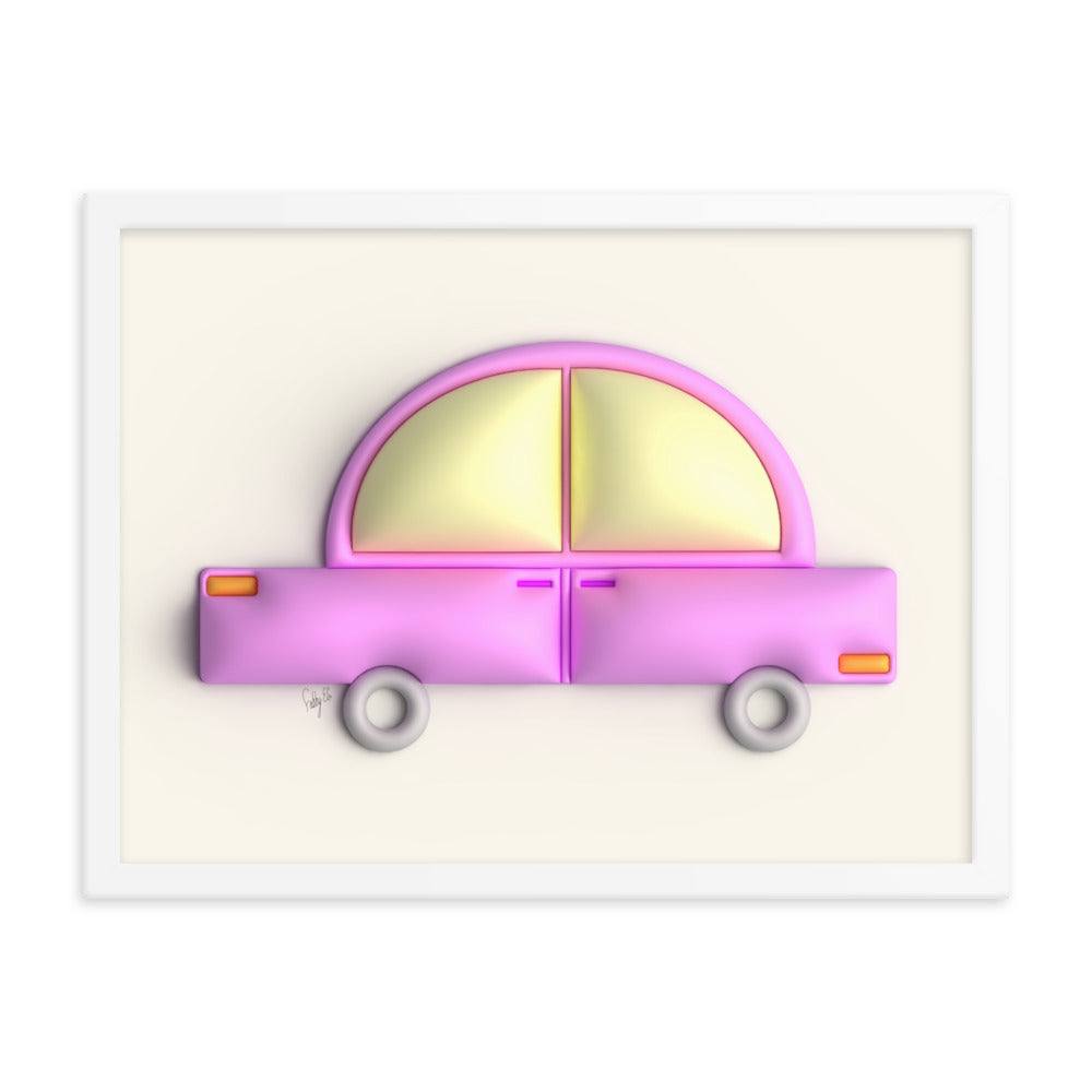 Pink car in yellow framed poster