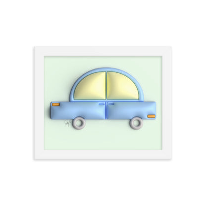 Blue car in green framed poster