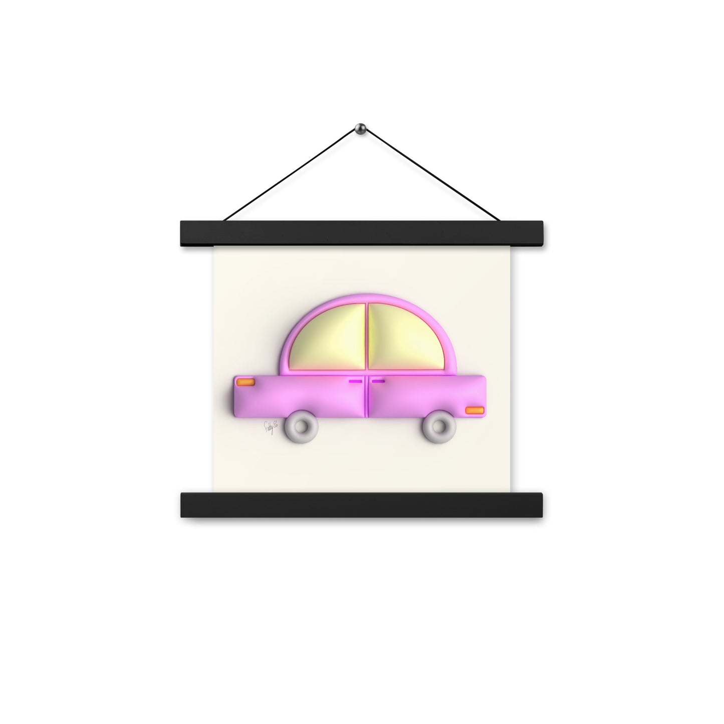 Pink car in yellow Poster with hangers