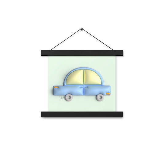 Blue car in green Poster with hangers