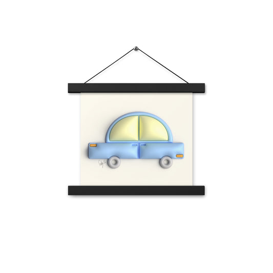 Blue car in yellow Poster with hangers