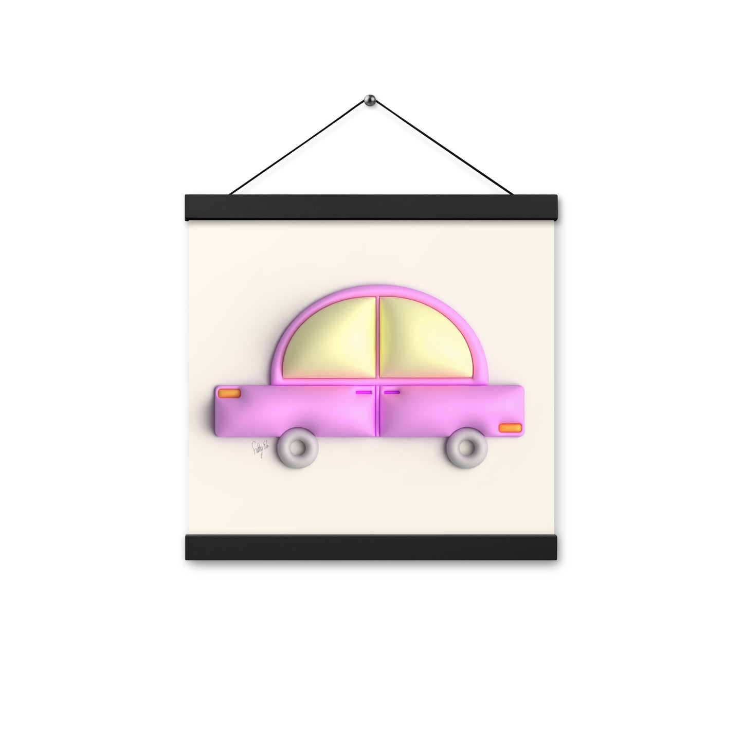 Pink car in yellow Poster with hangers