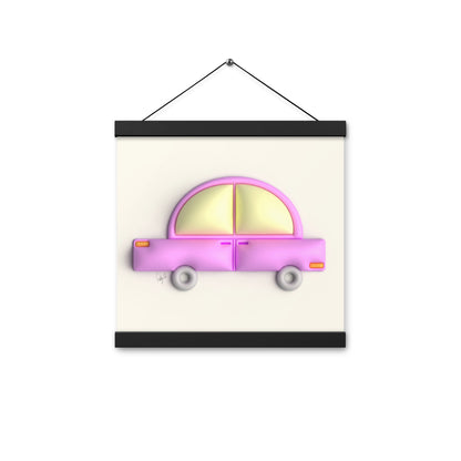 Pink car in yellow Poster with hangers