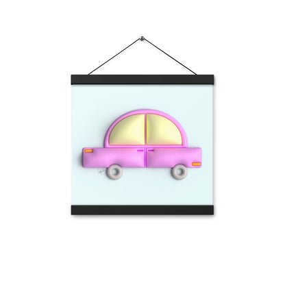 Pink car in blue Poster with hangers