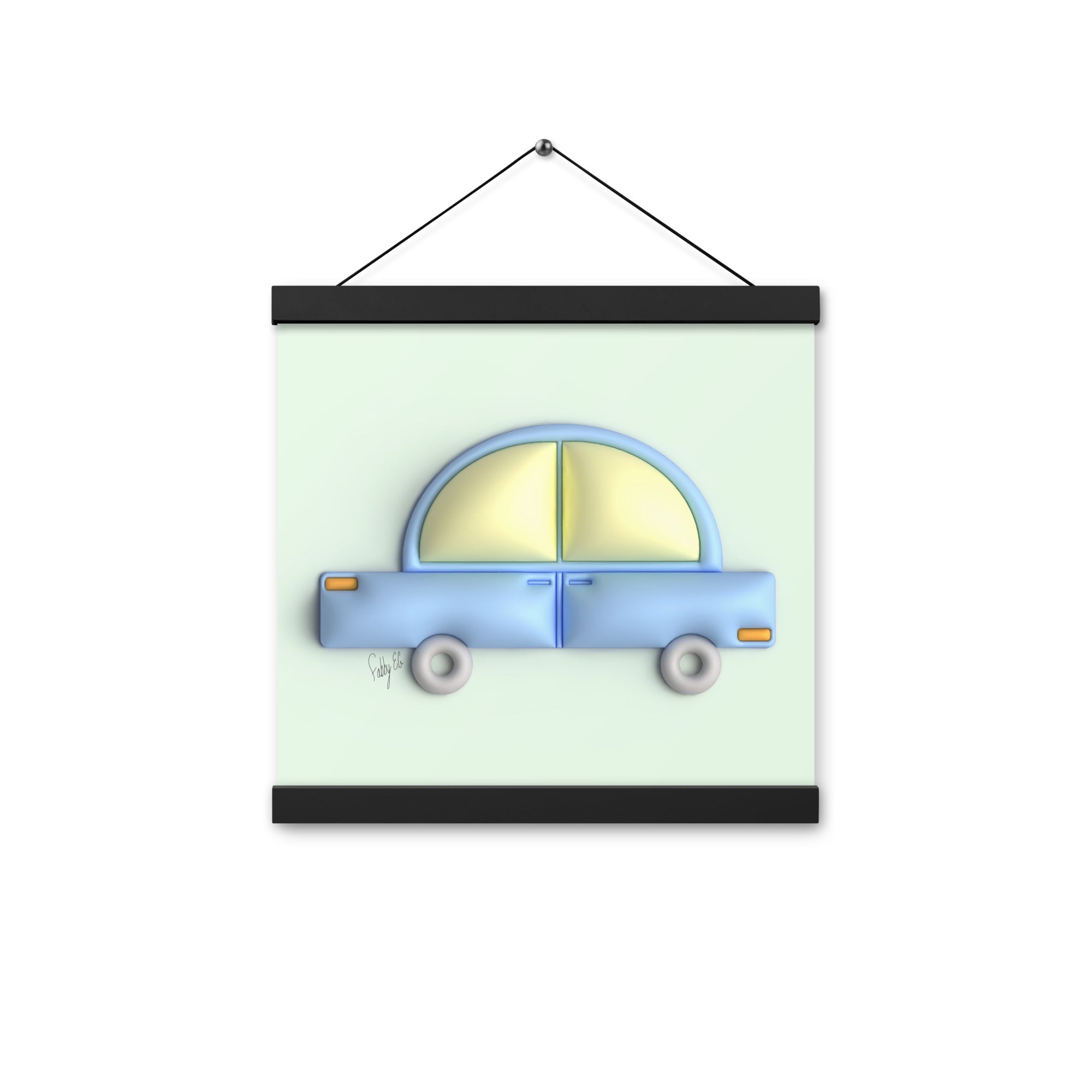 Blue car in green Poster with hangers