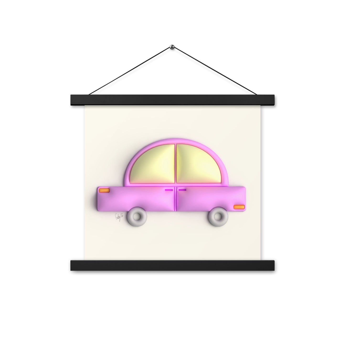 Pink car in yellow Poster with hangers