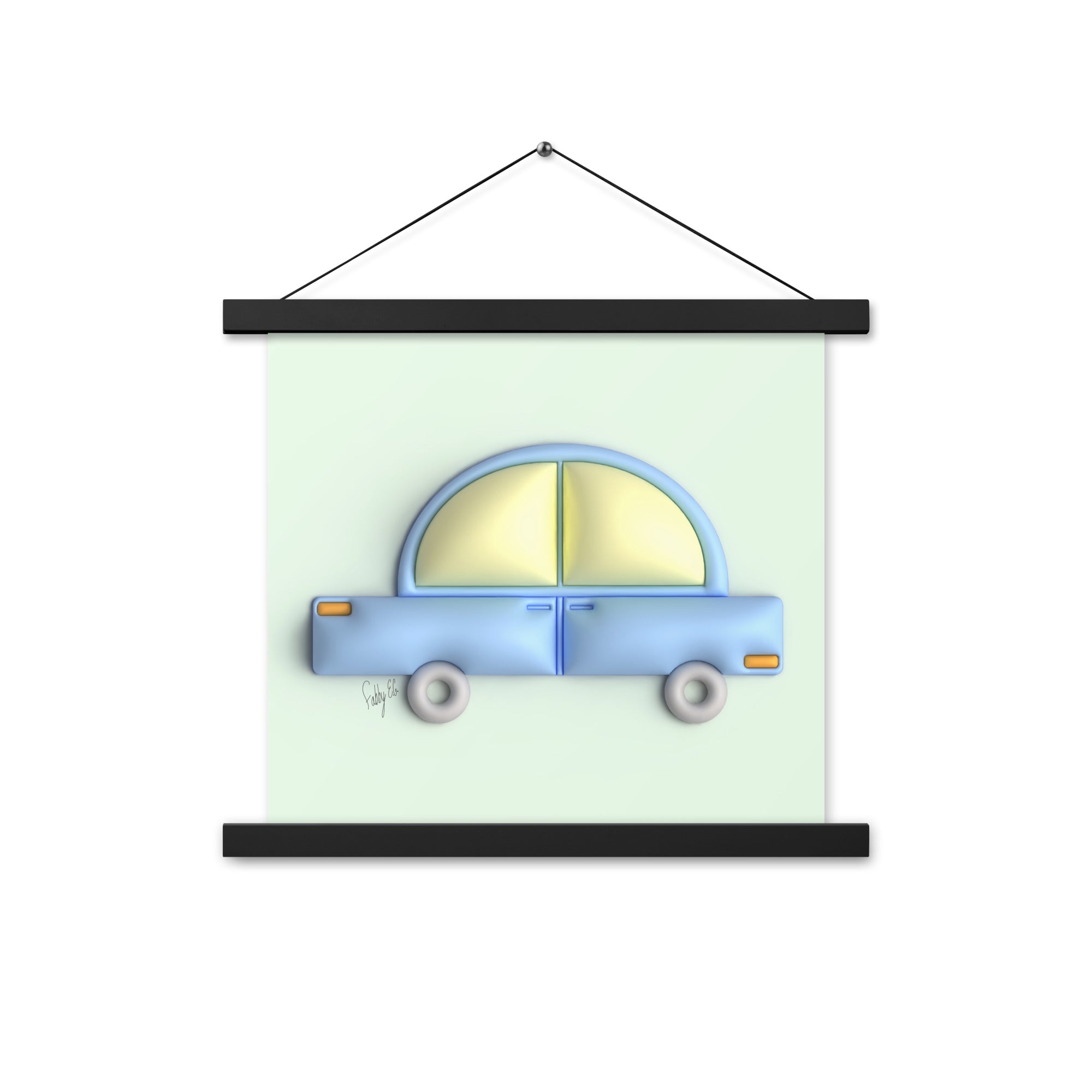 Blue car in green Poster with hangers