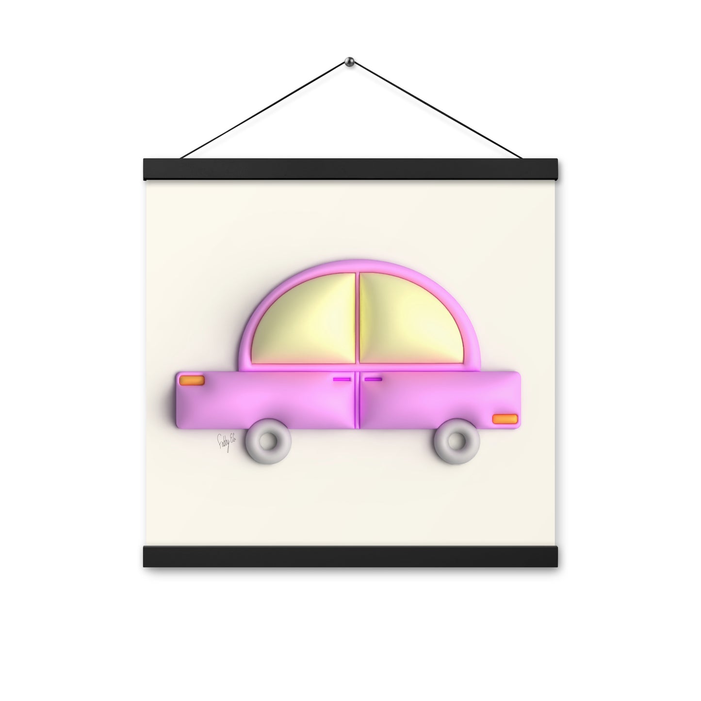 Pink car in yellow Poster with hangers