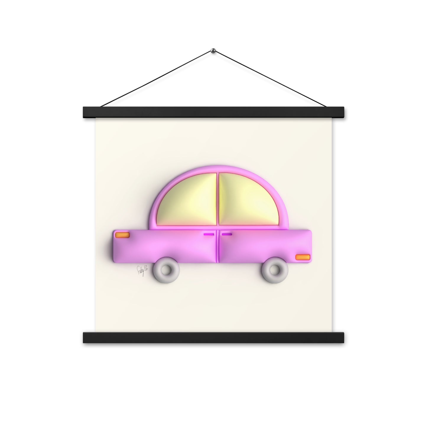 Pink car in yellow Poster with hangers