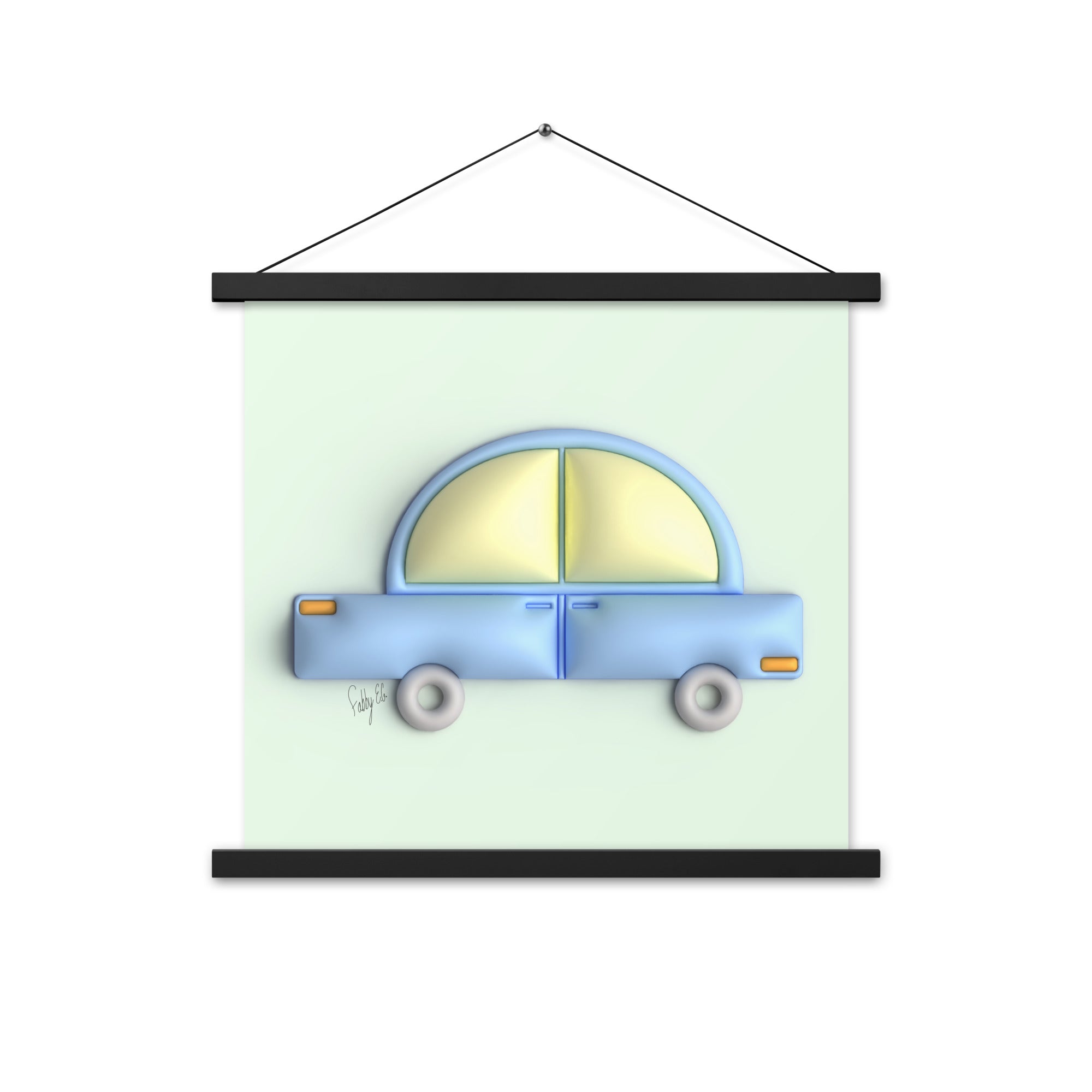 Blue car in green Poster with hangers