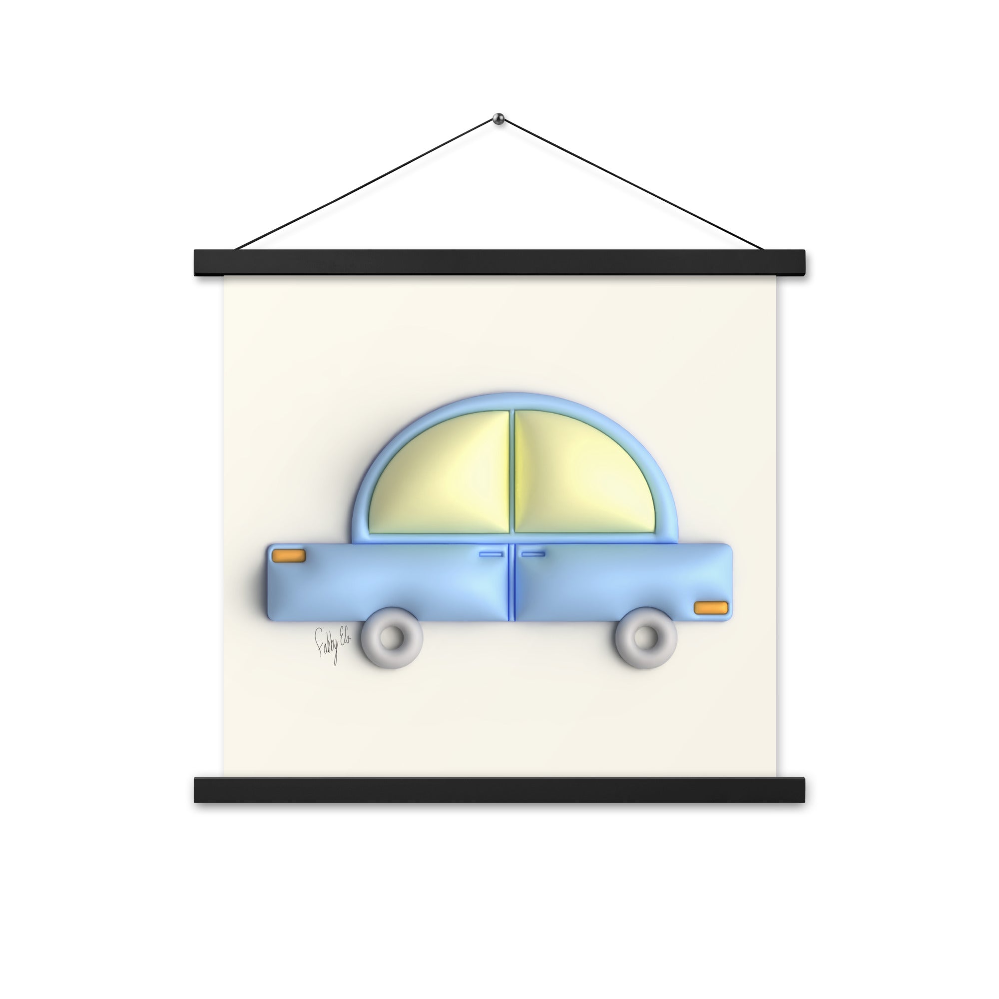 Blue car in yellow Poster with hangers