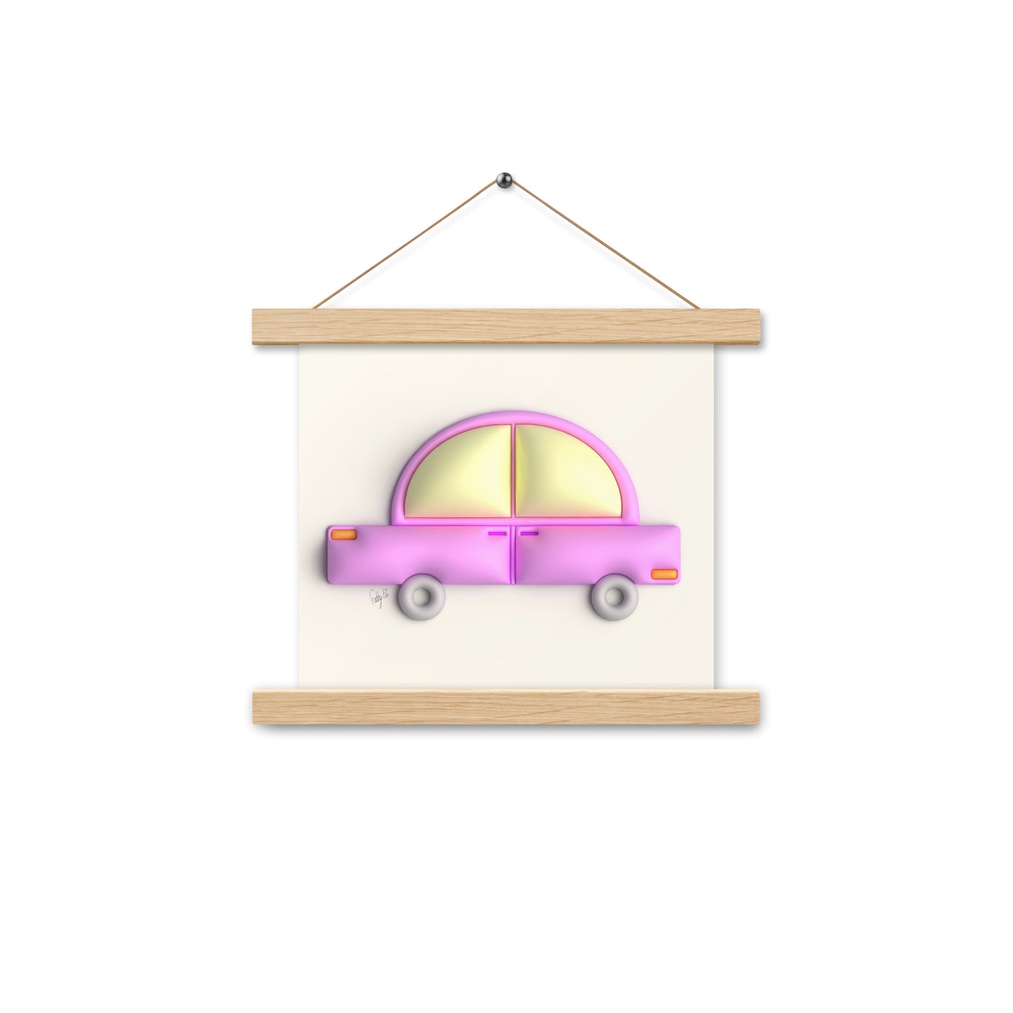 Pink car in yellow Poster with hangers