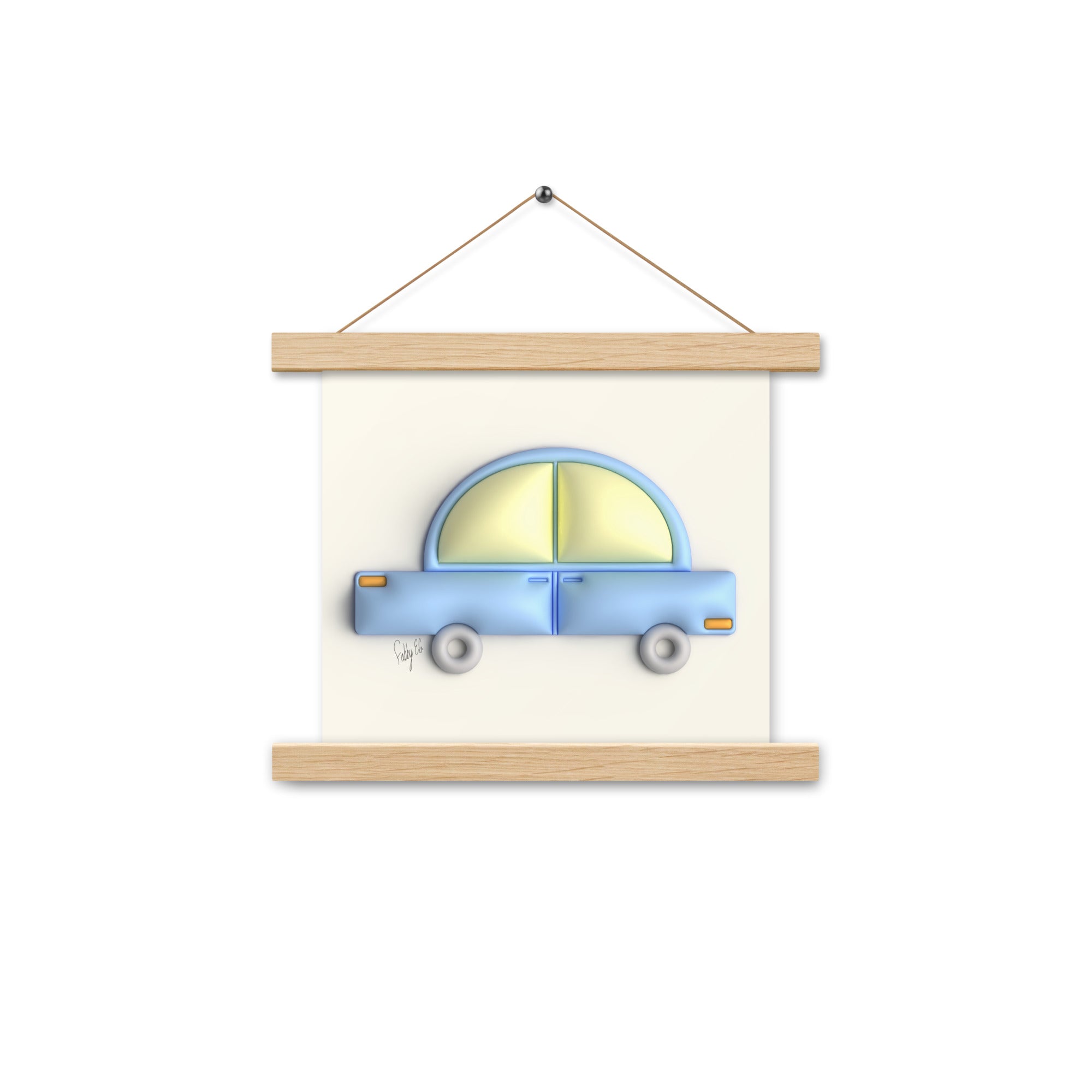 Blue car in yellow Poster with hangers