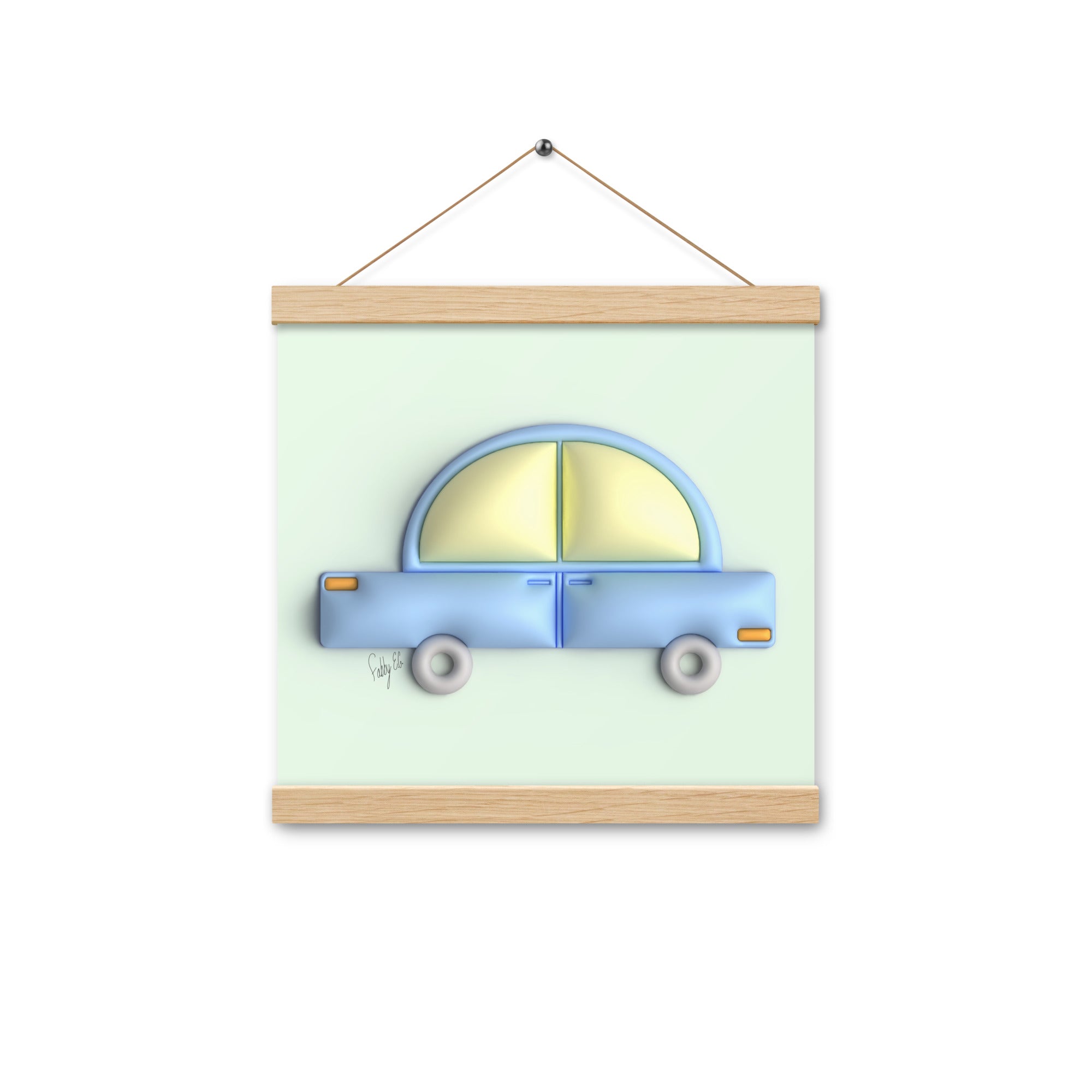 Blue car in green Poster with hangers