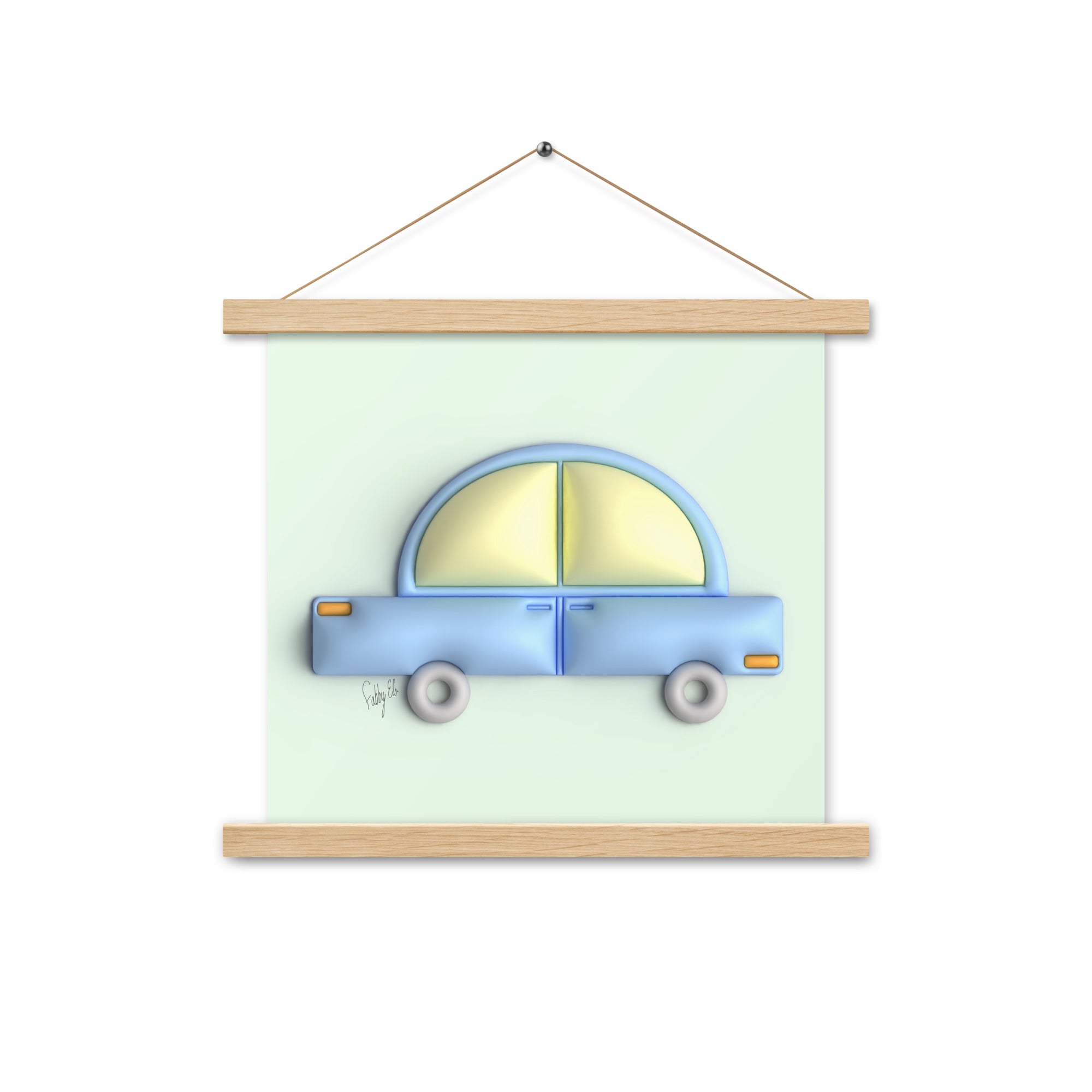Blue car in green Poster with hangers