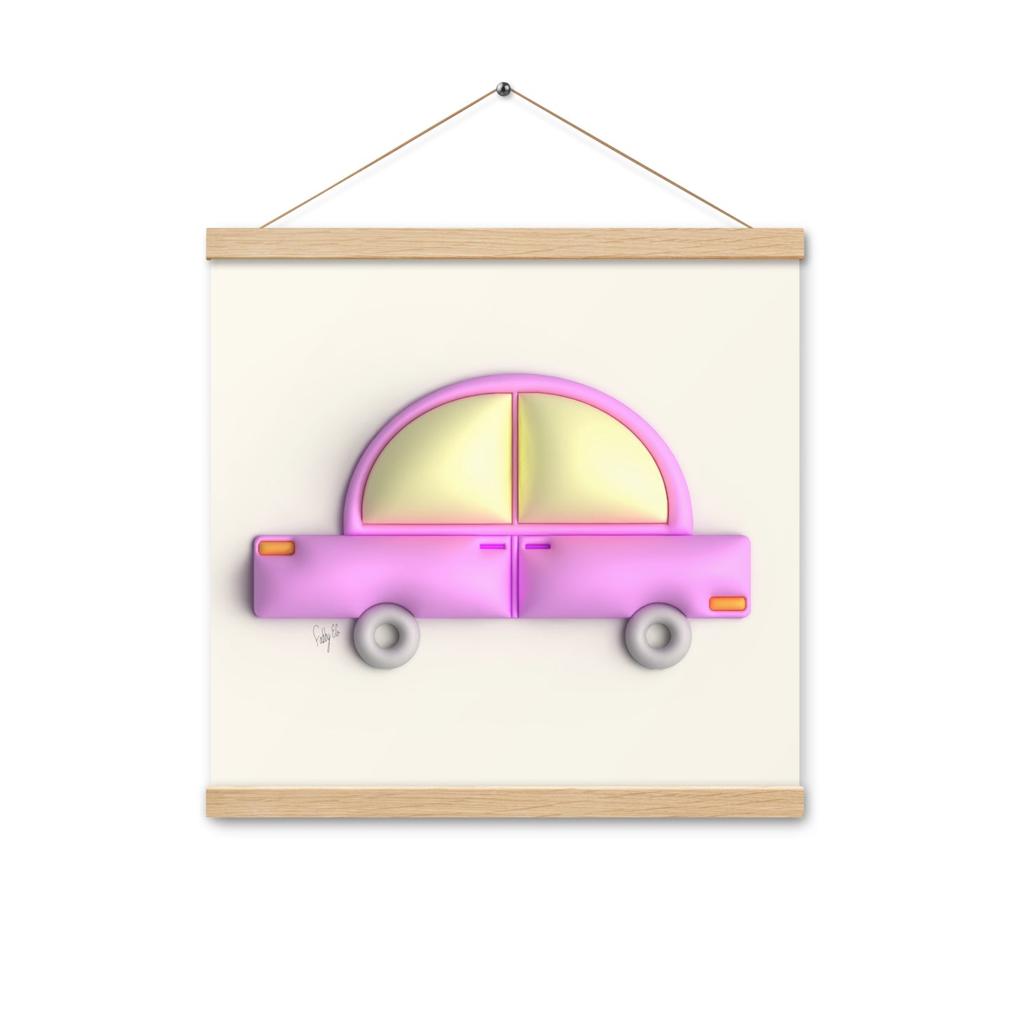 Pink car in yellow Poster with hangers