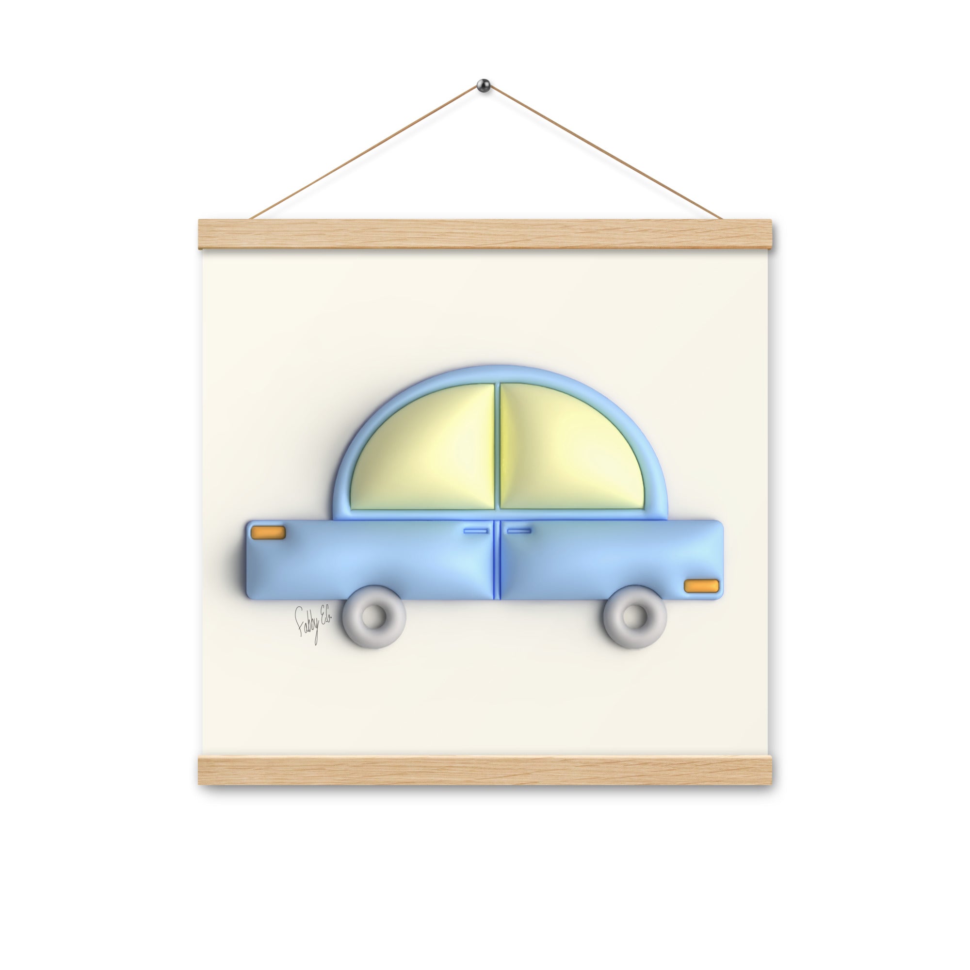 Blue car in yellow Poster with hangers