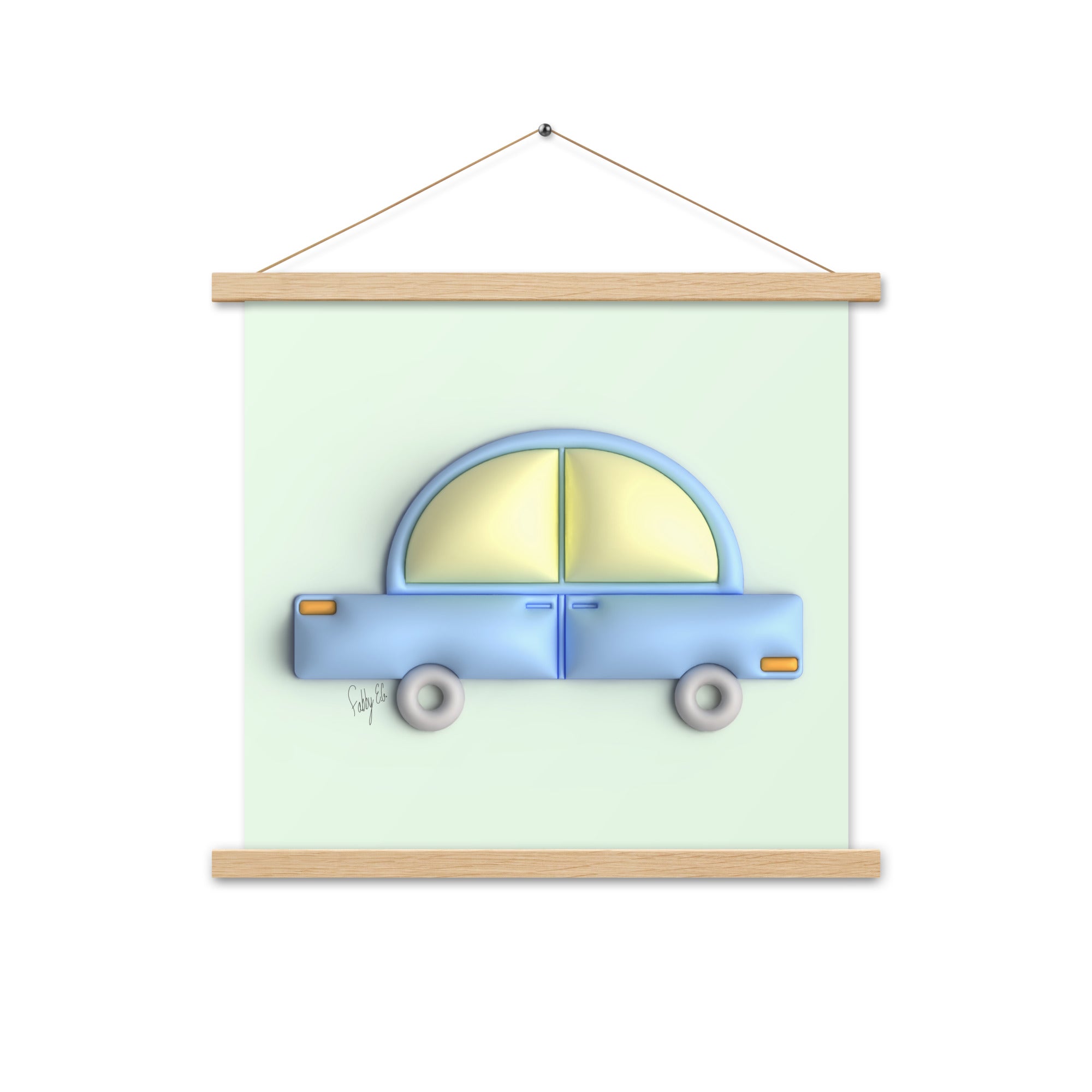 Blue car in green Poster with hangers