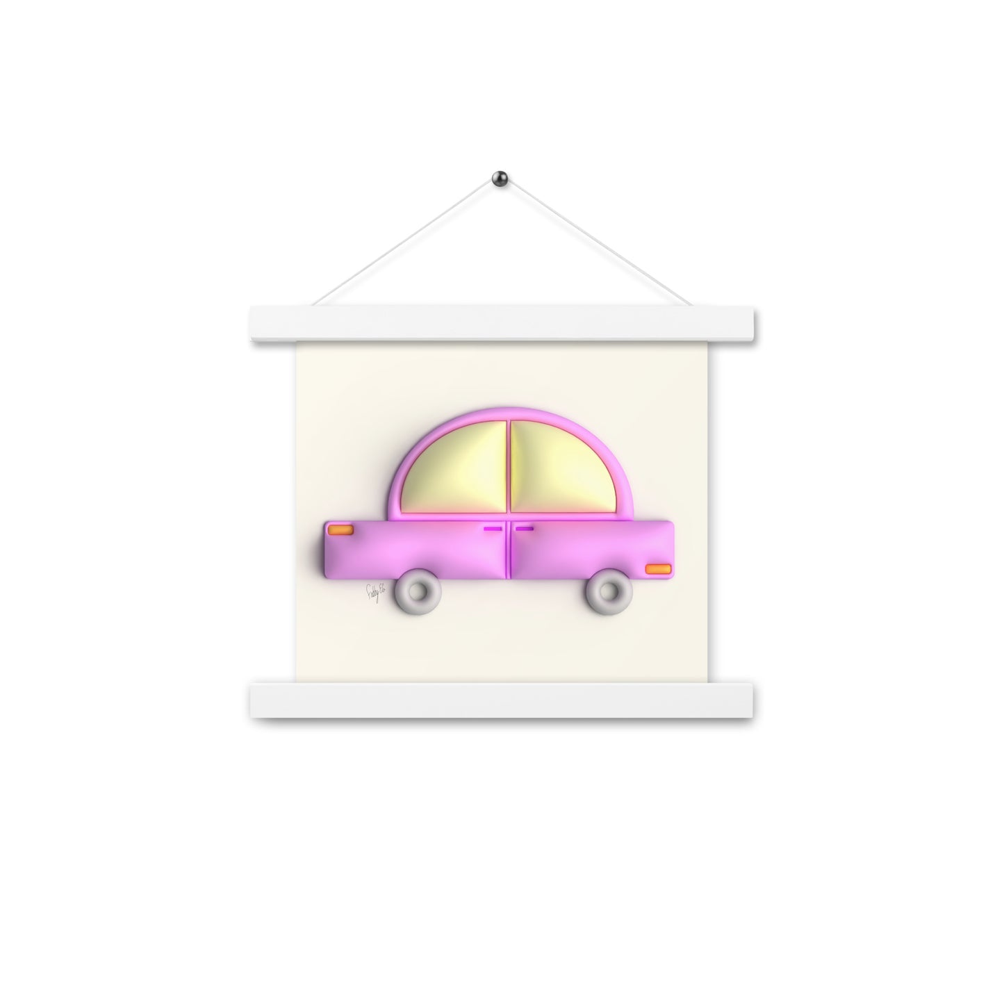 Pink car in yellow Poster with hangers