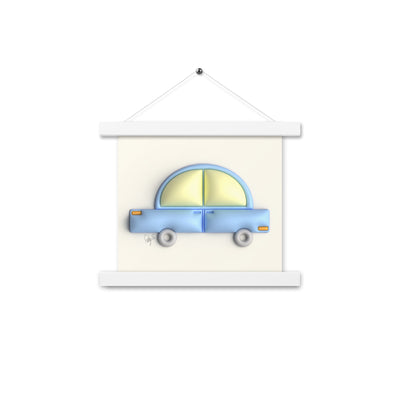 Blue car in yellow Poster with hangers
