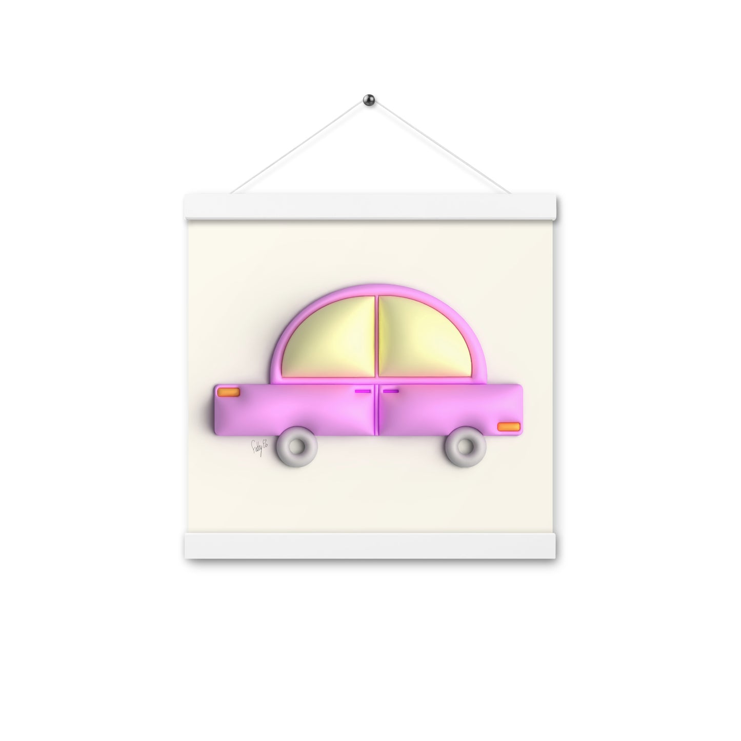 Pink car in yellow Poster with hangers