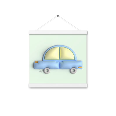 Blue car in green Poster with hangers