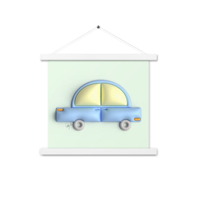 Blue car in green Poster with hangers