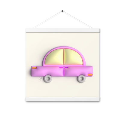 Pink car in yellow Poster with hangers