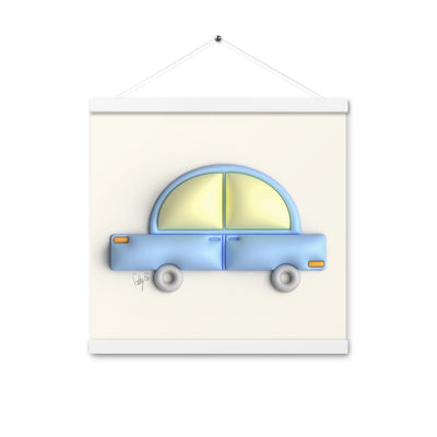 Blue car in yellow Poster with hangers